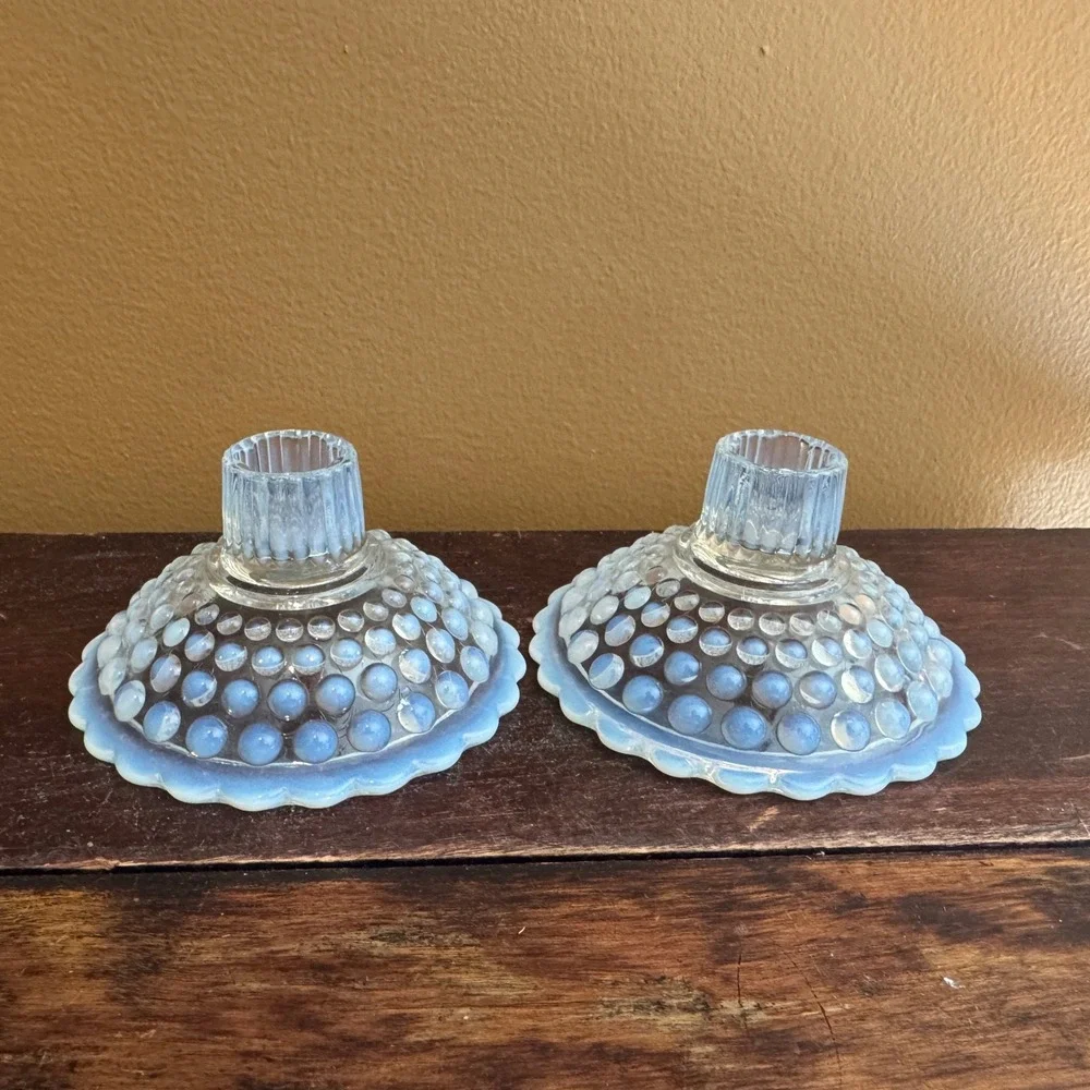 Pair (2) Vintage Opalescent Hobnail Candle Holders Clear‎ Glass Candlestick